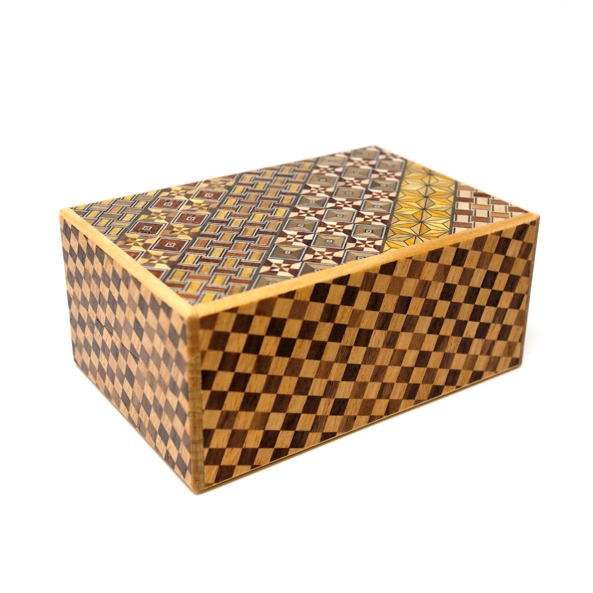 Japanese Puzzle Box - 5 Sun 10 Steps with Drawer - Yosegi/ Ichimatsu/ Walnut
